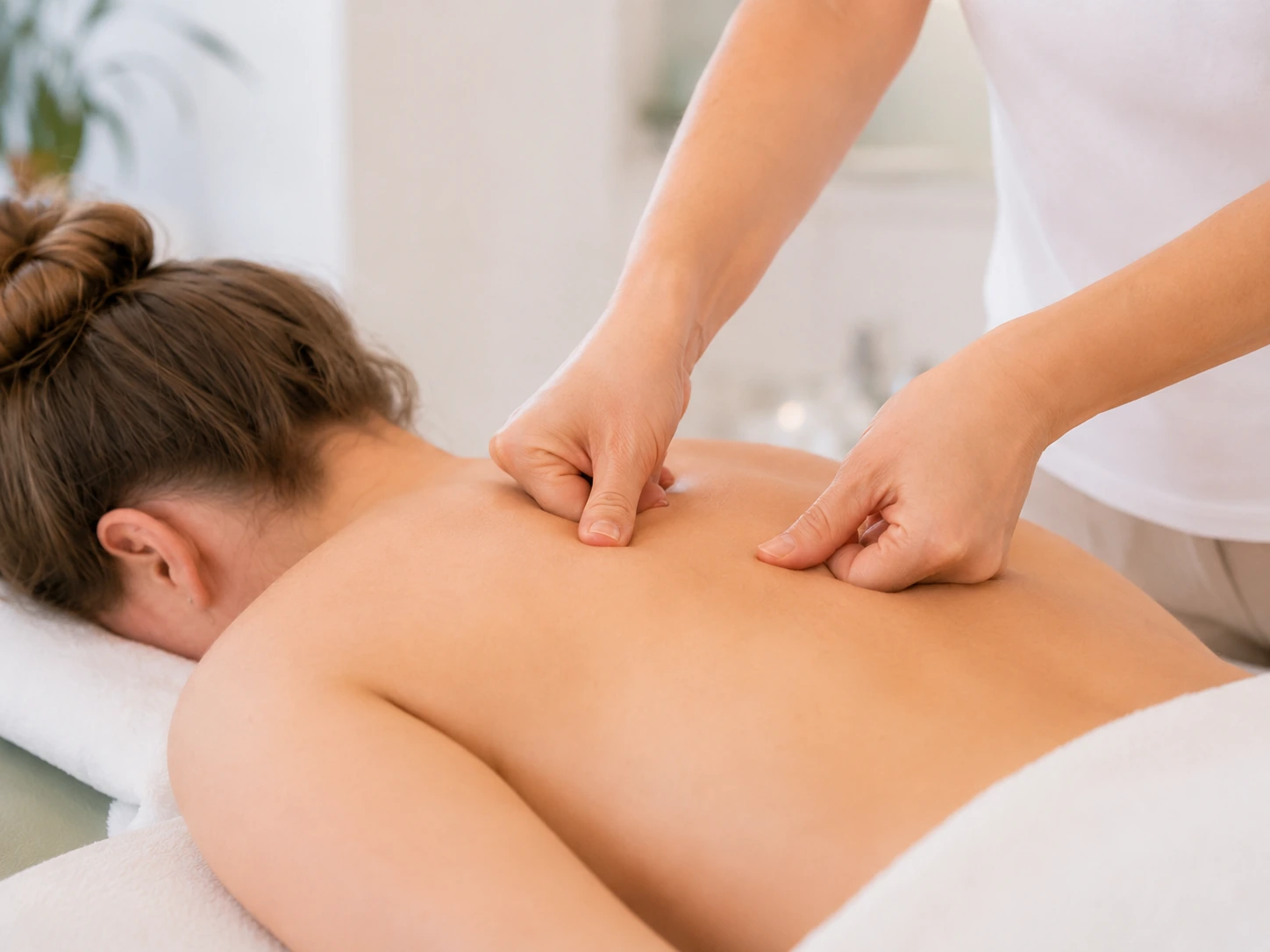 Therapeutische Arbeit am unteren Rücken einer liegenden Person im Akupunktur Zentrum Bülach